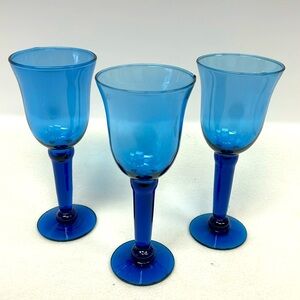 Set of 3 Mexican Cobalt Blue Stemmed Wine Glasses